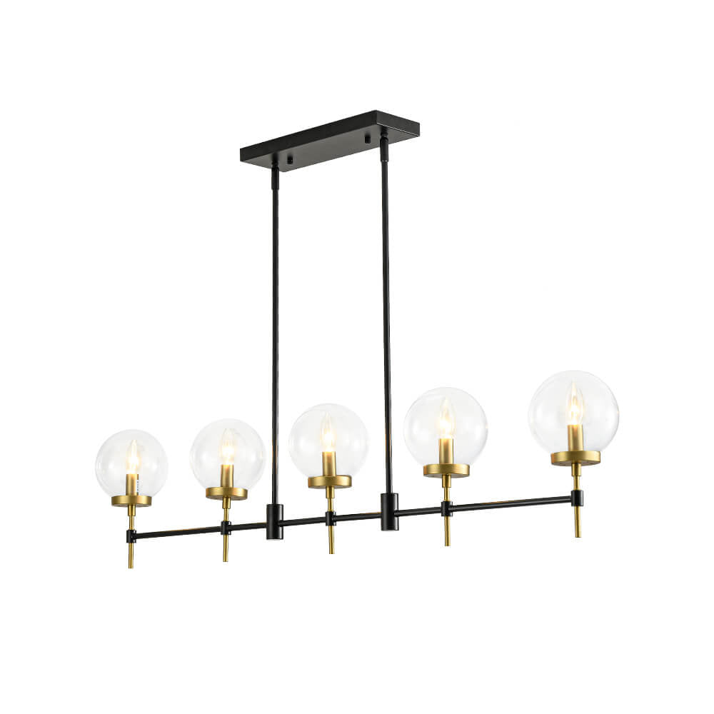 LightfixturesUAE-5-Light Modern Clear Glass Globe Linear Island Chandelier-Chandeliers-Black+Brass-