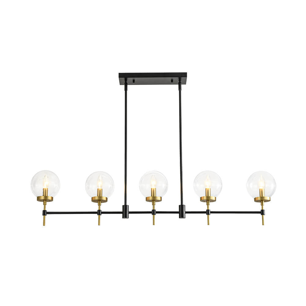 LightfixturesUAE-5-Light Modern Clear Glass Globe Linear Island Chandelier-Chandeliers-Black+Brass-