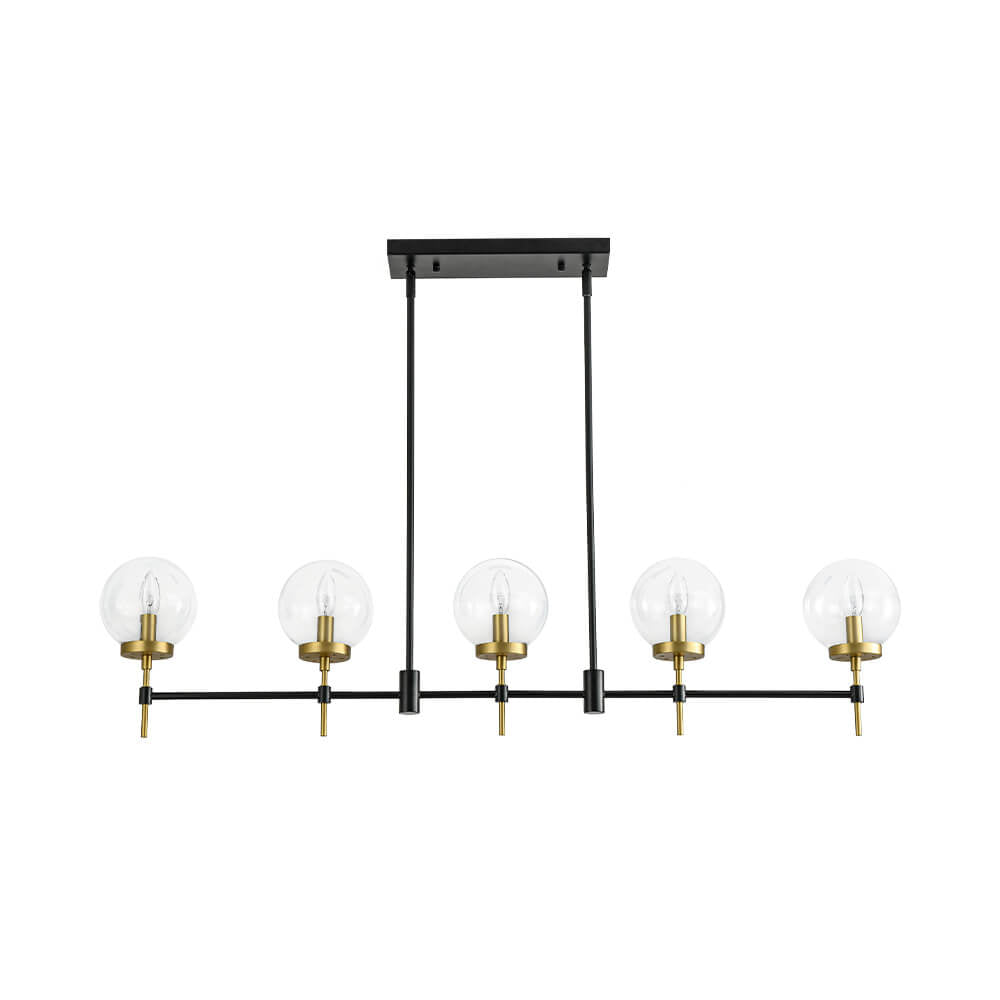LightfixturesUAE-5-Light Modern Clear Glass Globe Linear Island Chandelier-Chandeliers-Black+Brass-
