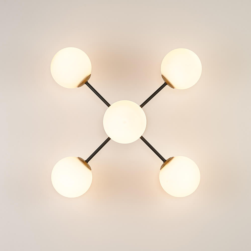 LightfixturesUAE-5-Light Modern Frosted White Glass Globe Sputnik Semi-Flush Mount-Ceiling Lights-Black+Gold-