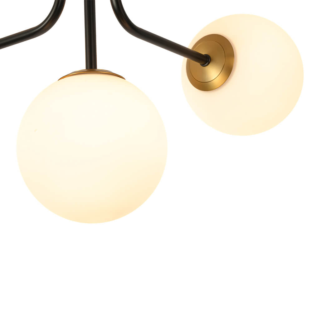 LightfixturesUAE-5-Light Modern Frosted White Glass Globe Sputnik Semi-Flush Mount-Ceiling Lights-Black+Gold-