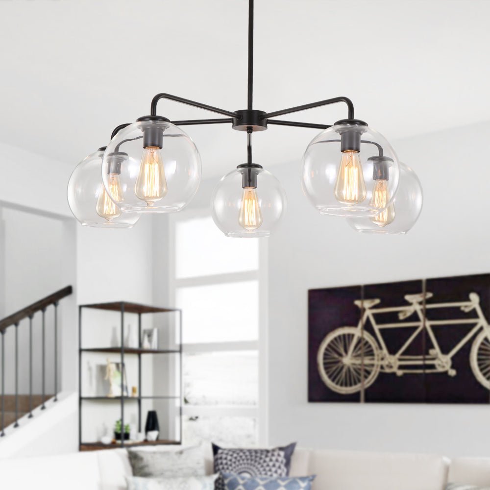 LightfixturesUAE-5-Light Modern Mid-Century Clear Glass Globe Sputnik Chandelier-Chandeliers-Black-