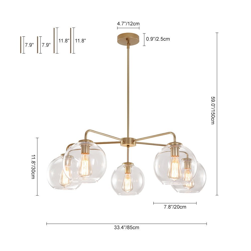 LightfixturesUAE-5-Light Modern Mid-Century Clear Glass Globe Sputnik Chandelier-Chandeliers-Brass-