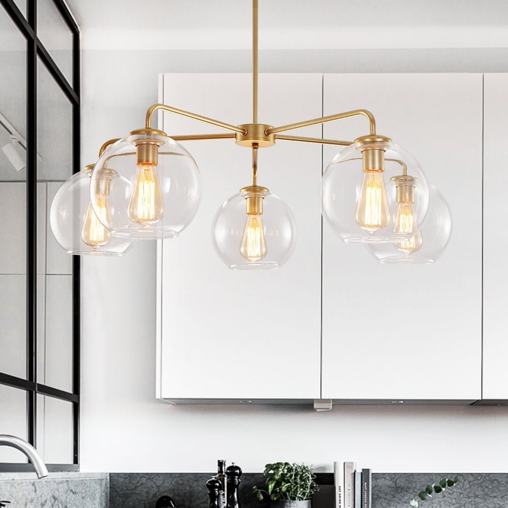 LightfixturesUAE-5-Light Modern Mid-Century Clear Glass Globe Sputnik Chandelier-Chandeliers-Brass-