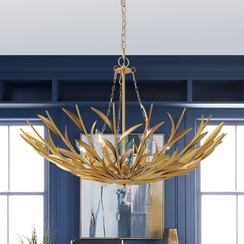 LightfixturesUAE-6-Light Art Deco Branch-Style Flower Basket Iron Chandelier-Chandeliers-Gold-