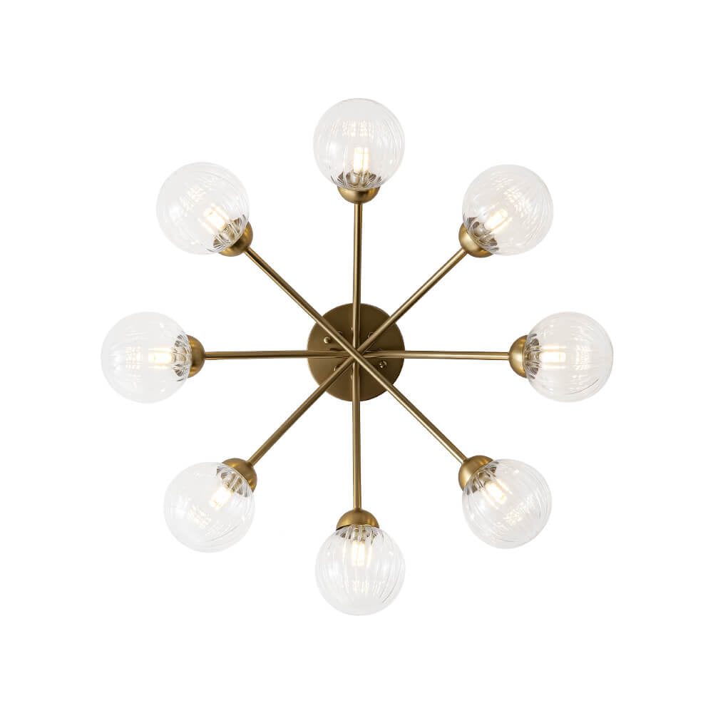 LightfixturesUAE-6-Light Mid Century Modern Clear Stripe Glass Sputnik Flush Mount-Ceiling Lights-Brass-
