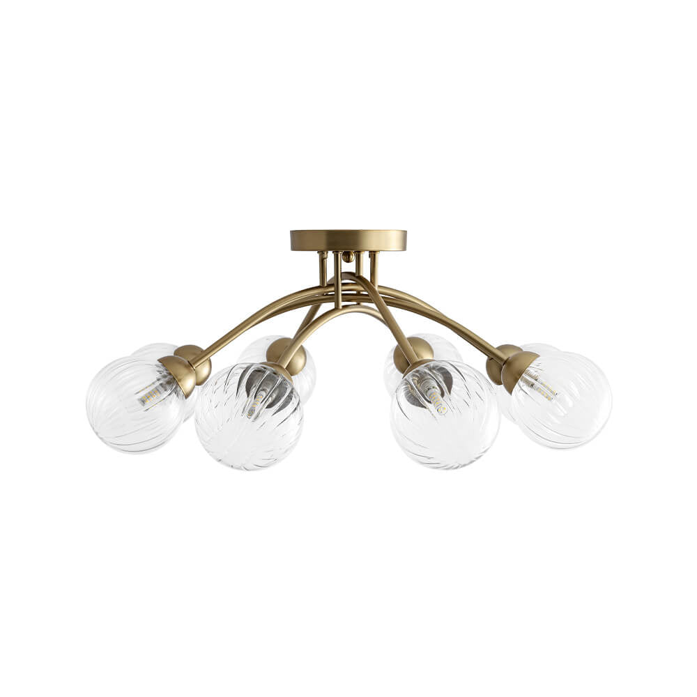 LightfixturesUAE-6-Light Mid Century Modern Clear Stripe Glass Sputnik Flush Mount-Ceiling Lights-Brass-