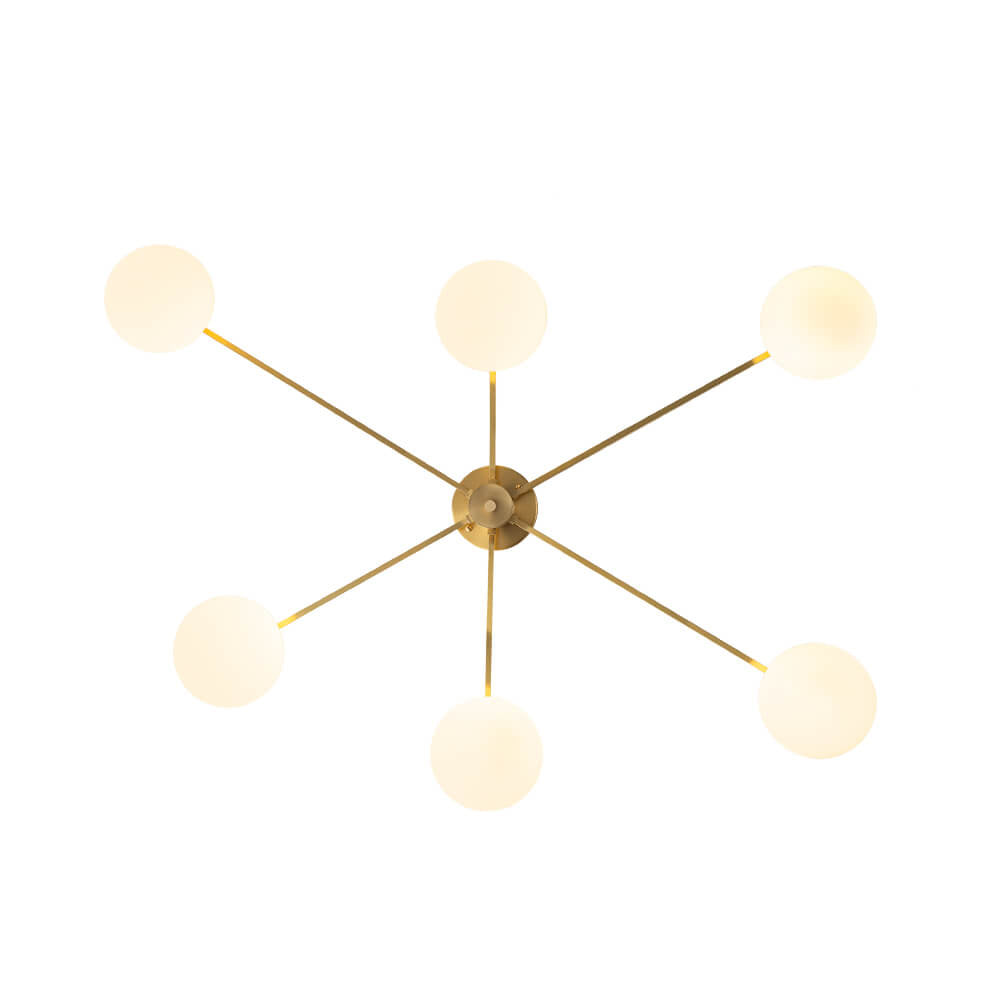 LightfixturesUAE-6-Light Mid-Century Modern Glass Globe Sputnik Semi Flush Mount-Ceiling Lights-Brass-