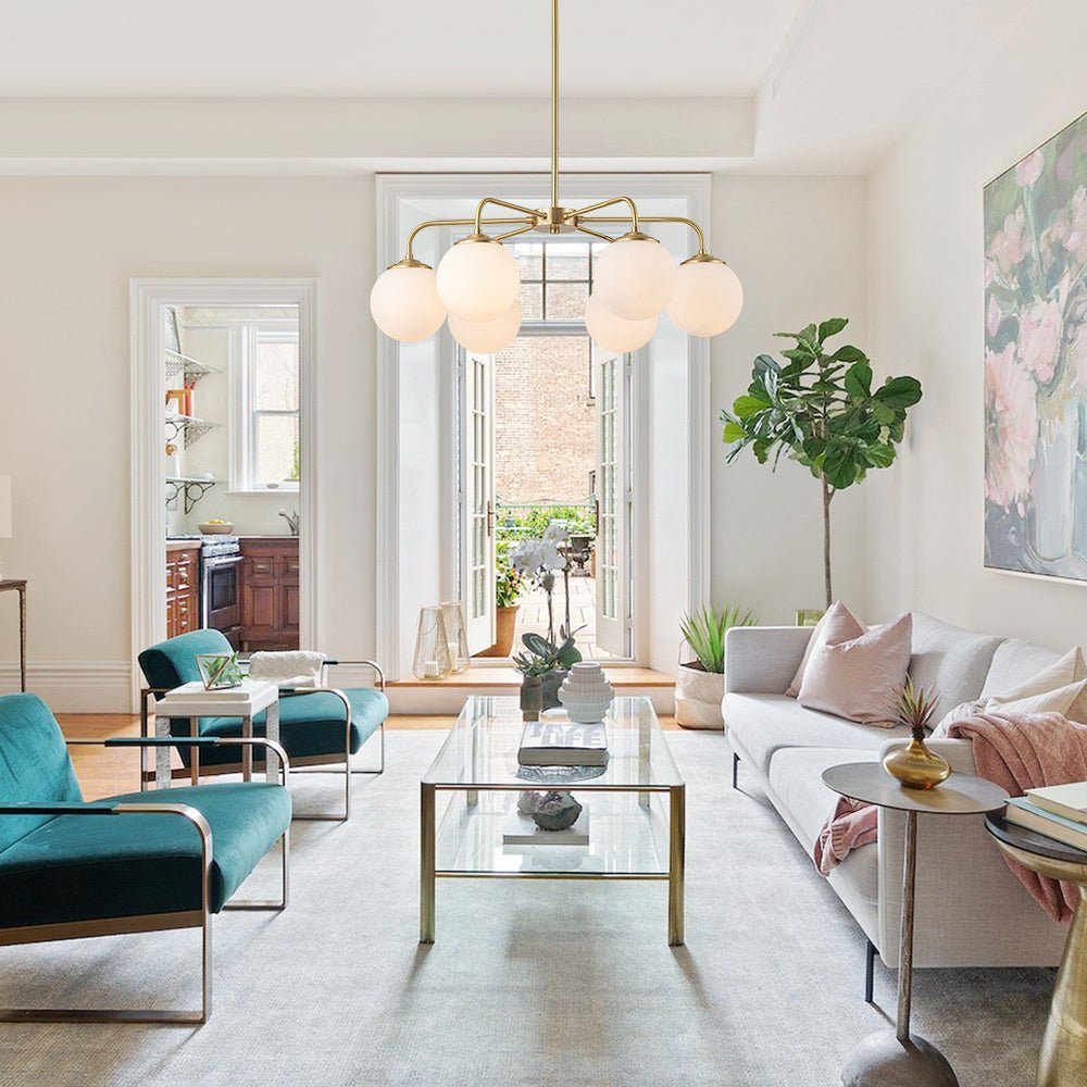 LightfixturesUAE-6-Light Mid-Century Modern Milky Glass Bubble Globe Sputnik Chandelier-Chandeliers-Brass-