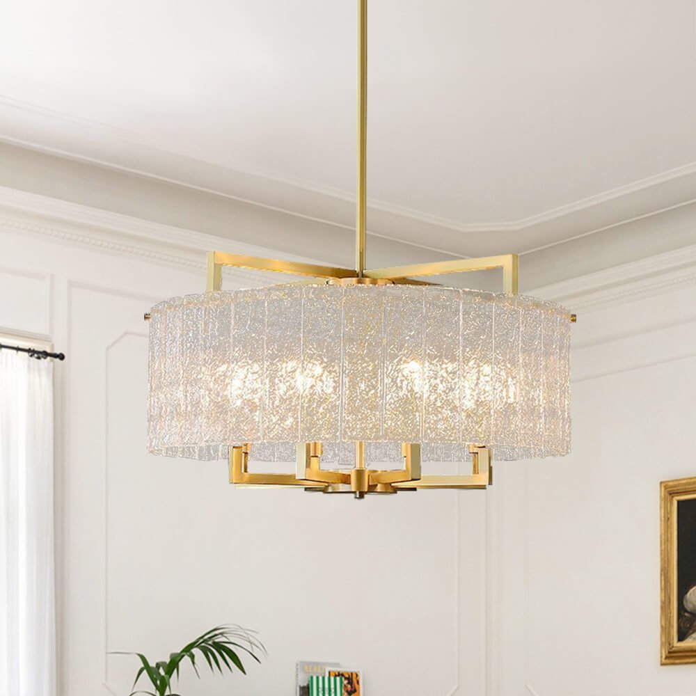LightfixturesUAE-6-Light Modern Brass Textured Glass Drum Chandelier-Chandeliers-Brass-