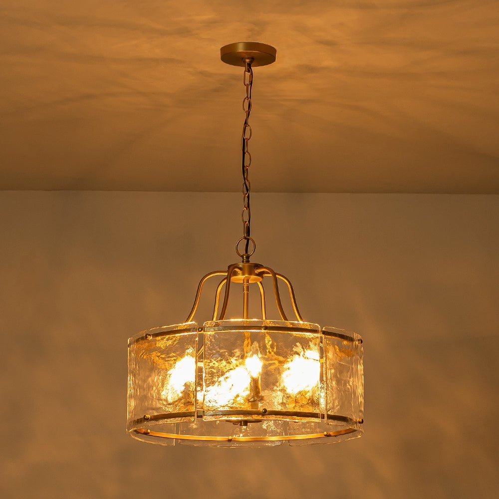 LightfixturesUAE-6-Light Modern Water Ripple Glass Drum Lantern Pendant-Chandeliers-Brass-