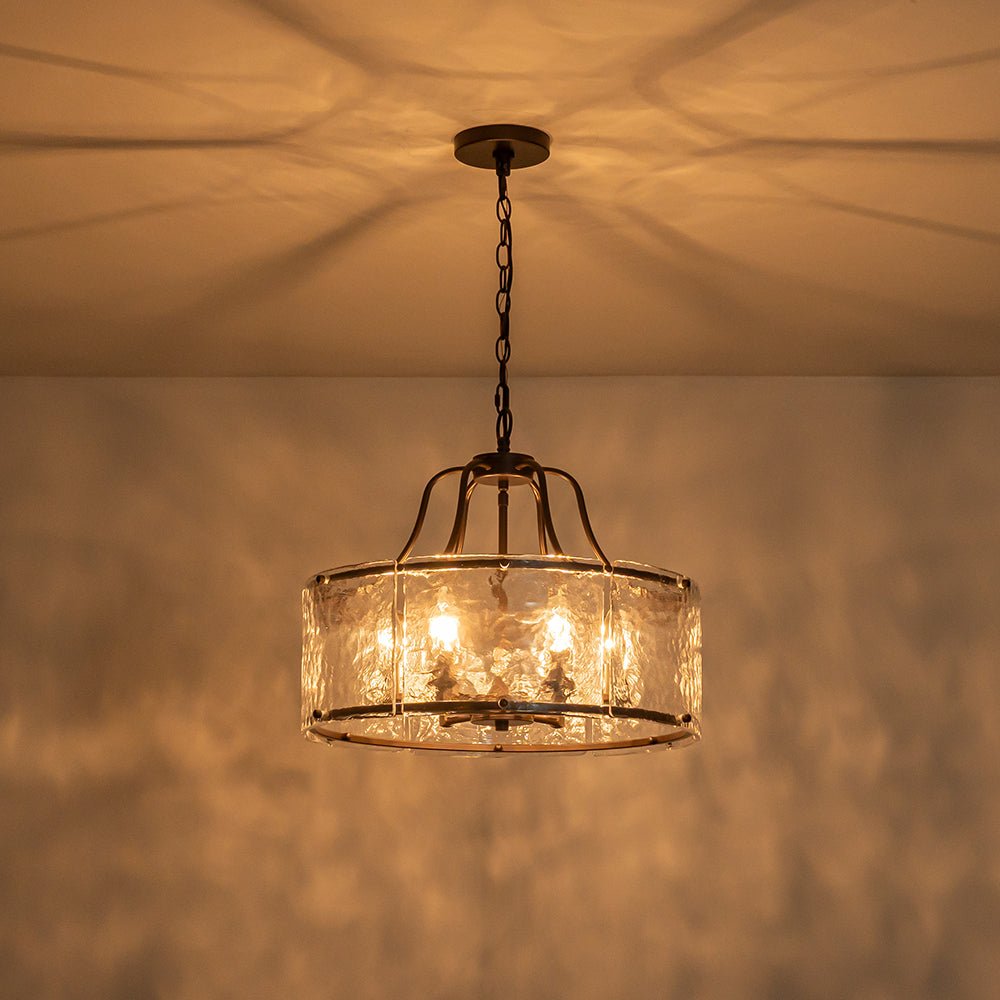 LightfixturesUAE-6-Light Modern Water Ripple Glass Drum Lantern Pendant-Chandeliers-Oil Rubbed Bronze-