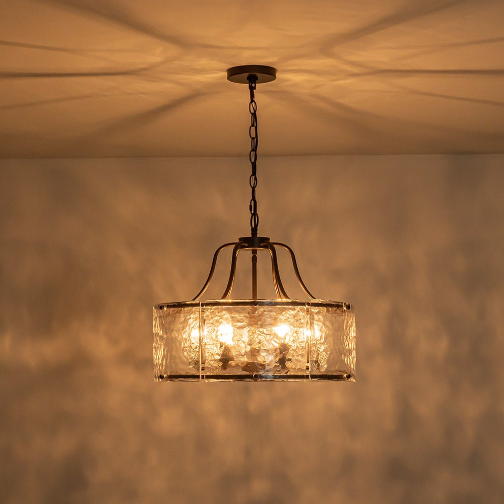 LightfixturesUAE-6-Light Modern Water Ripple Glass Drum Lantern Pendant-Chandeliers-Oil Rubbed Bronze-