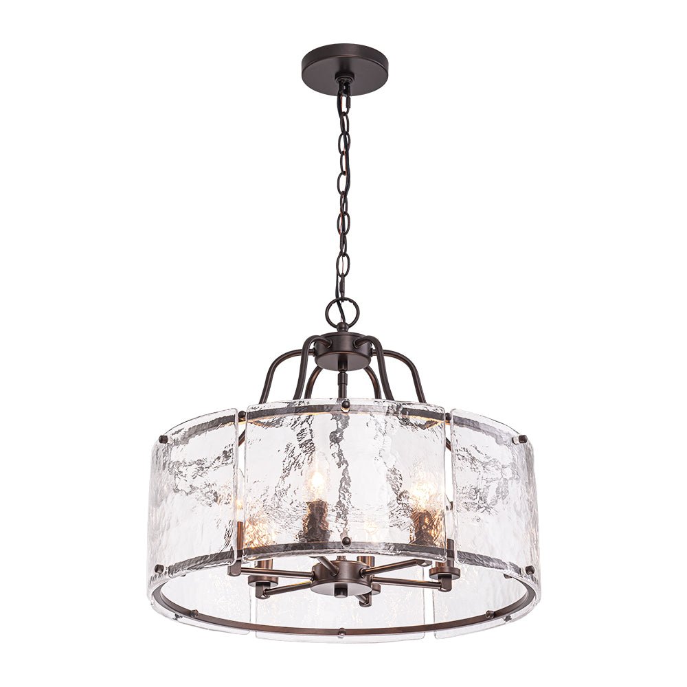 LightfixturesUAE-6-Light Modern Water Ripple Glass Drum Lantern Pendant-Chandeliers-Oil Rubbed Bronze-