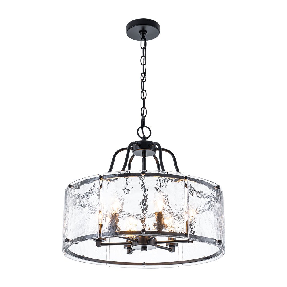 LightfixturesUAE-6-Light Modern Water Ripple Glass Drum Lantern Pendant-Chandeliers-Oil Rubbed Bronze-