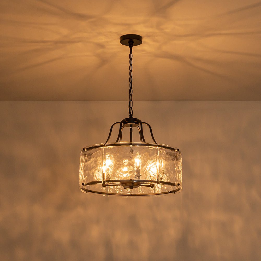 LightfixturesUAE-6-Light Modern Water Ripple Glass Drum Lantern Pendant-Chandeliers-Oil Rubbed Bronze-