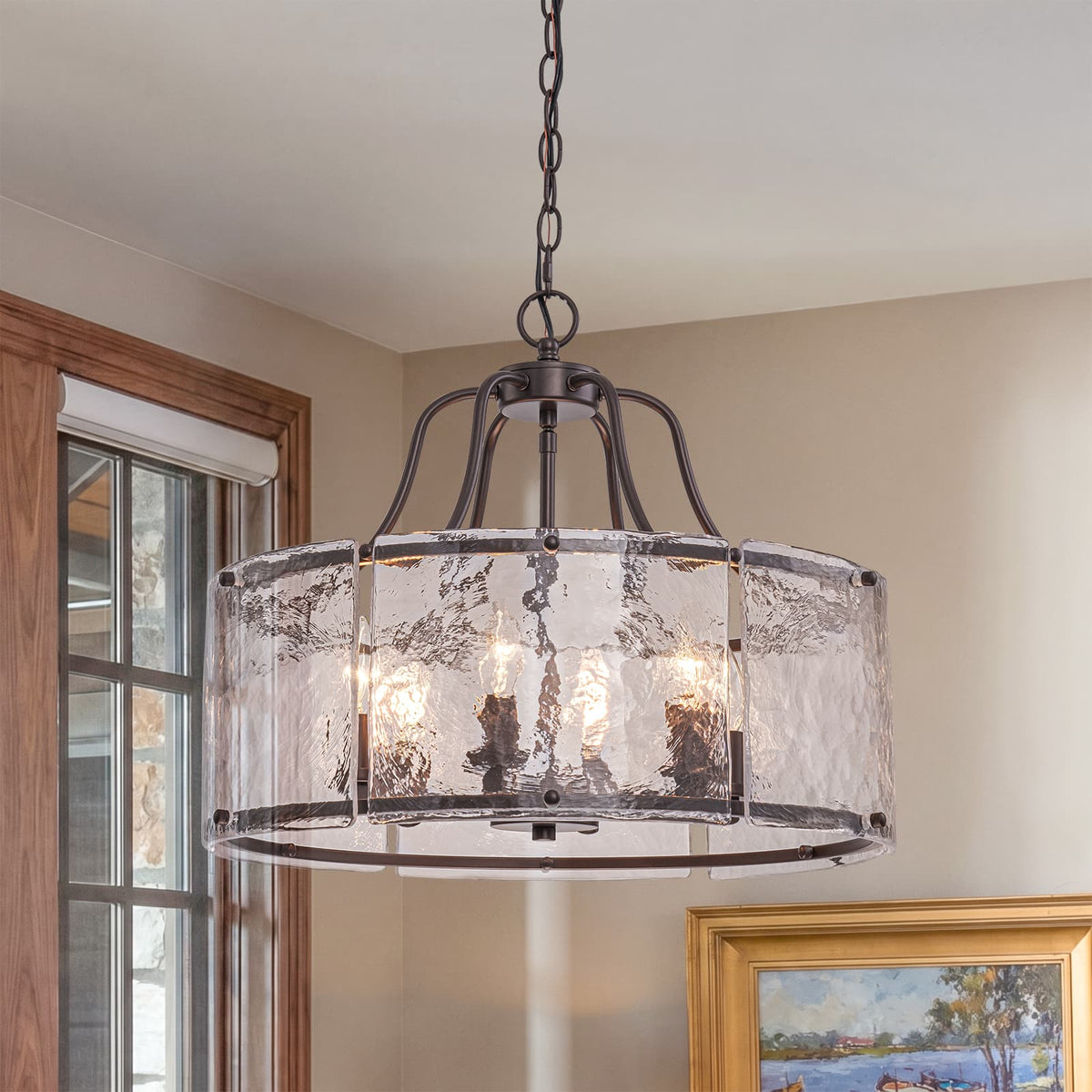 LightfixturesUAE-6-Light Modern Water Ripple Glass Drum Lantern Pendant-Chandeliers-Oil Rubbed Bronze-