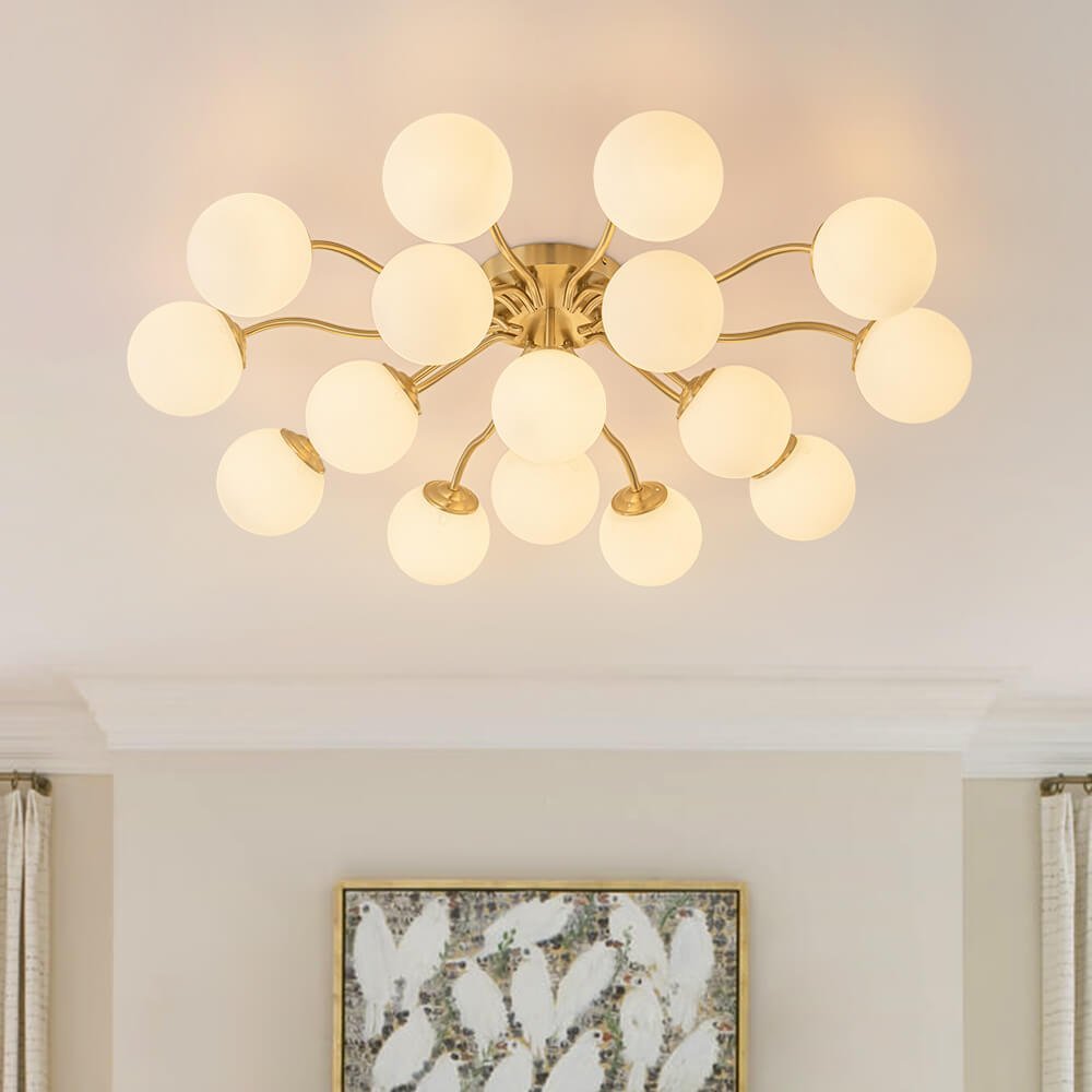 LightfixturesUAE-6/11/16-Light Mid-Century Modern Opal Glass Sputnik Semi Flush Mount-Ceiling Lights-Brass-16-Light