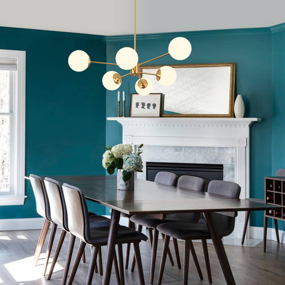 LightfixturesUAE-6/8 Lights Mid-Century Modern Opal Glass Globe Sputnik Chandelier-Chandeliers-6-Light-Brass
