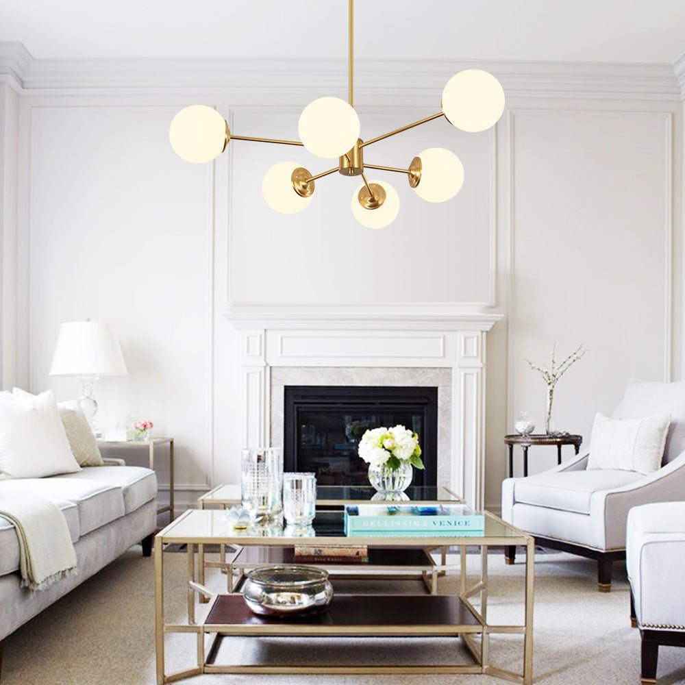 LightfixturesUAE-6/8 Lights Mid-Century Modern Opal Glass Globe Sputnik Chandelier-Chandeliers-6-Light-Brass