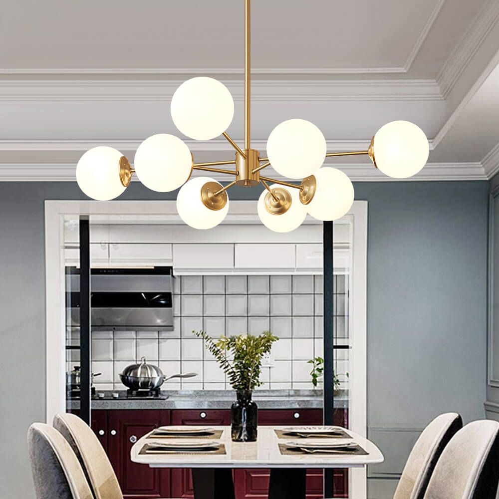 LightfixturesUAE-6/8 Lights Mid-Century Modern Opal Glass Globe Sputnik Chandelier-Chandeliers-8-Light-Brass