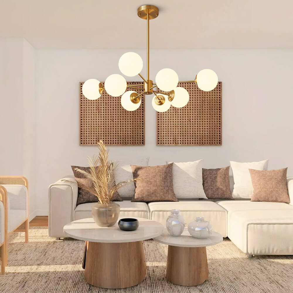 LightfixturesUAE-6/8 Lights Mid-Century Modern Opal Glass Globe Sputnik Chandelier-Chandeliers-8-Light-Brass