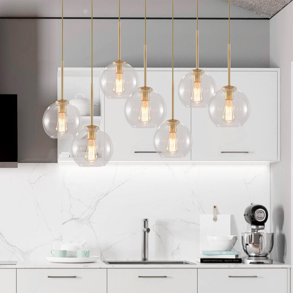 LightfixturesUAE-7-Light Mid-Century Linear Cluster Globe Pendant Light-Chandeliers-Brass-
