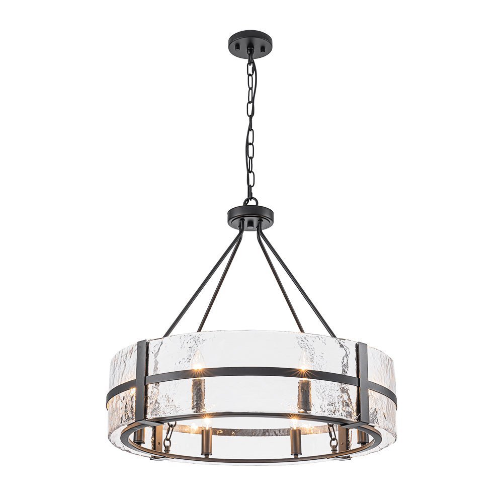 LightfixturesUAE-8-Light Industrial Round Handcrafted Water-Textured Glass Chandelier-Chandeliers-Black-