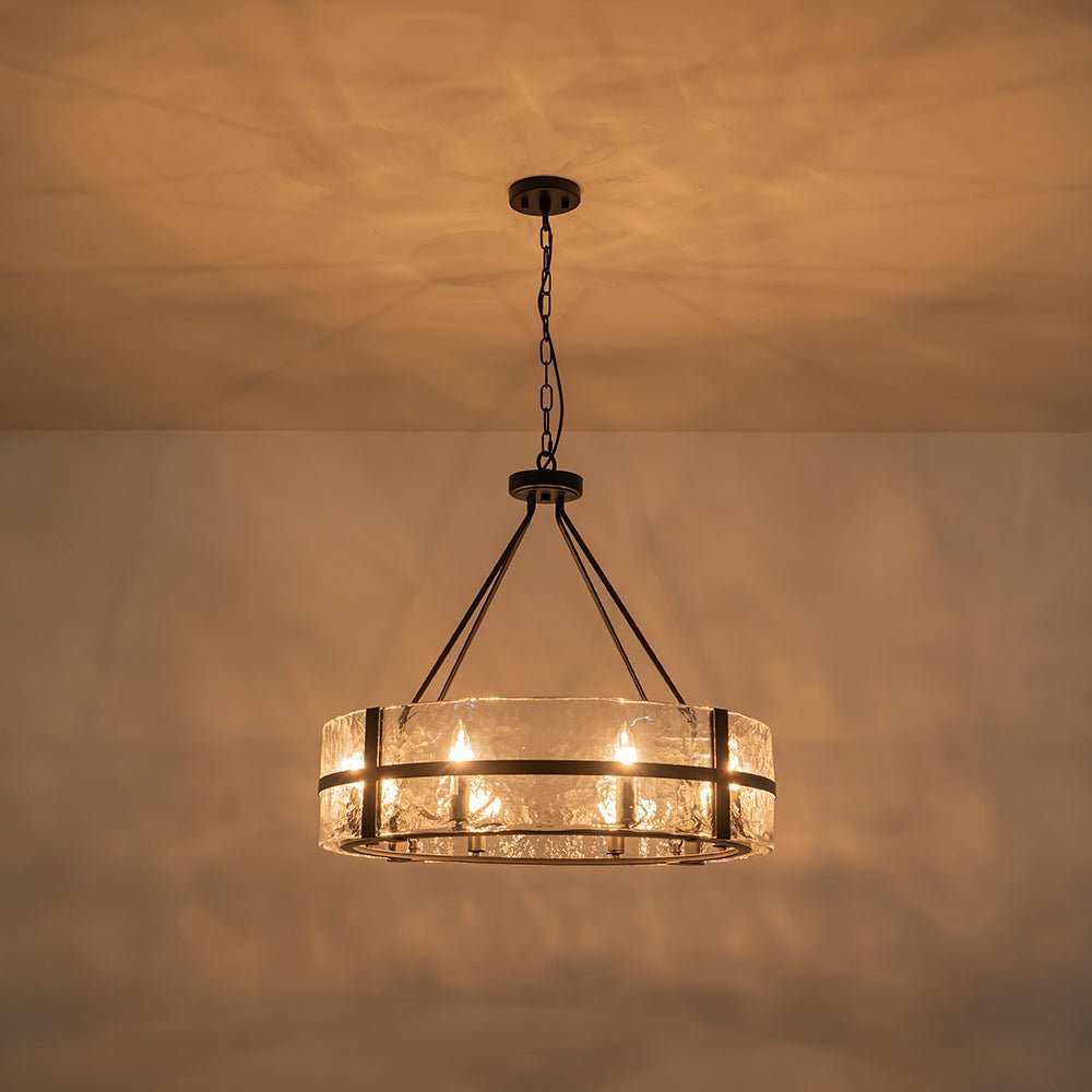 LightfixturesUAE-8-Light Industrial Round Handcrafted Water-Textured Glass Chandelier-Chandeliers-Black-