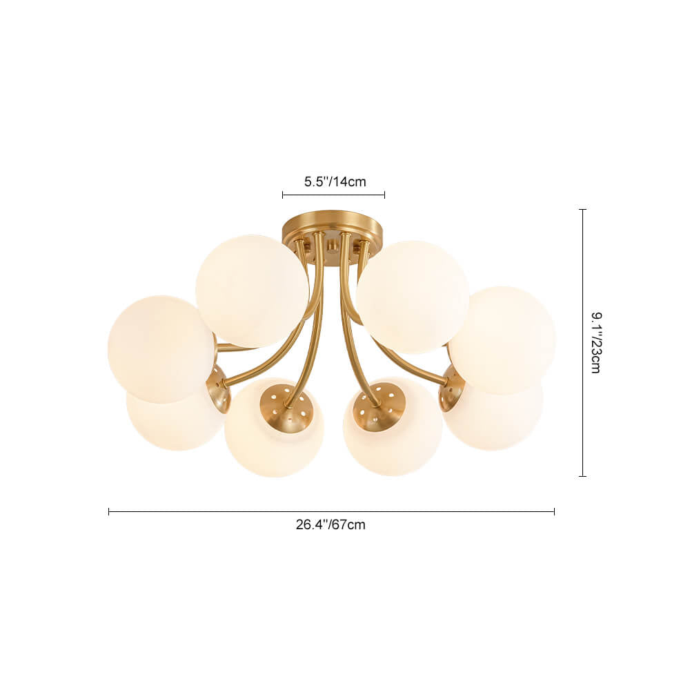 LightfixturesUAE-8-Light Mid-century Opal Glass Globe Sputnik Semi-Flush Mount-Ceiling Lights-Brass-