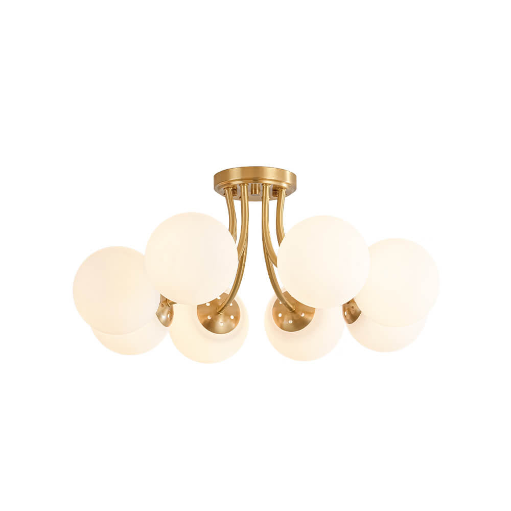 LightfixturesUAE-8-Light Mid-century Opal Glass Globe Sputnik Semi-Flush Mount-Ceiling Lights-Brass-