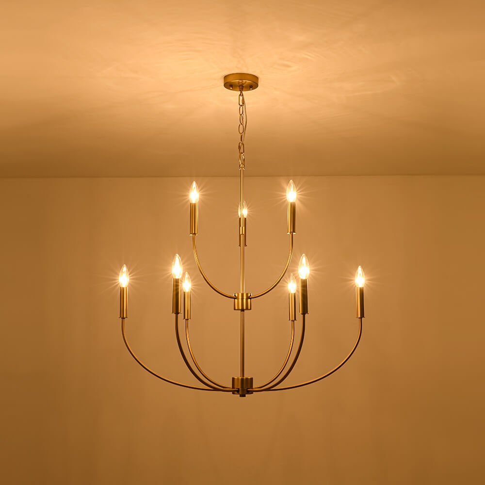LightfixturesUAE-9-Light Mid-Century Candle Style Tiered Branch Chandelier-Chandeliers-Gold-