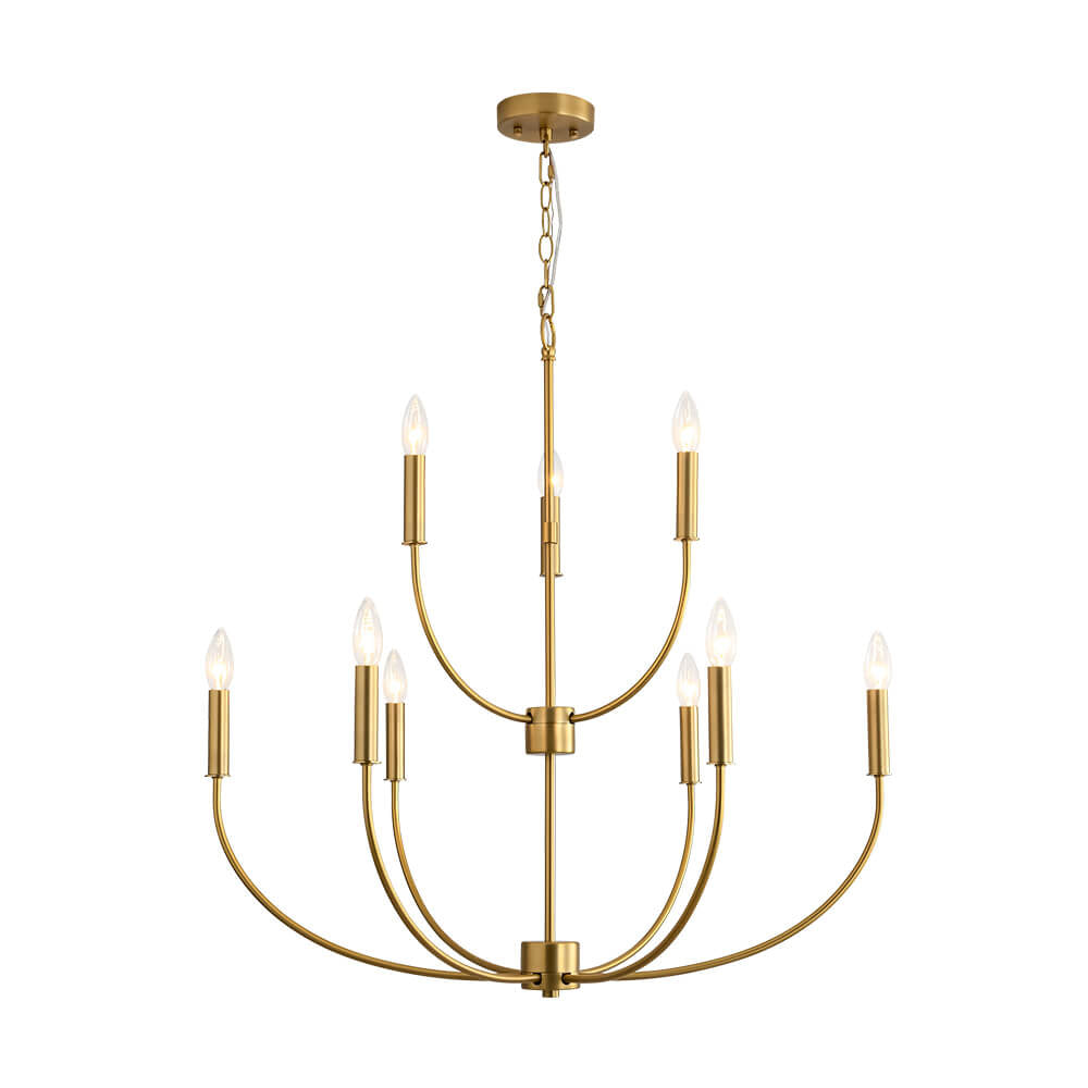 LightfixturesUAE-9-Light Mid-Century Candle Style Tiered Branch Chandelier-Chandeliers-Gold-