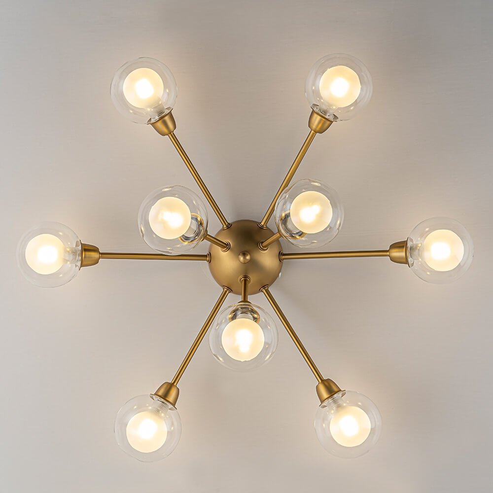 LightfixturesUAE-9-Light Mid-Century Clear Glass Globe Sputnik Semi Flush Mount Ceiling Light-Ceiling Lights-Brass-