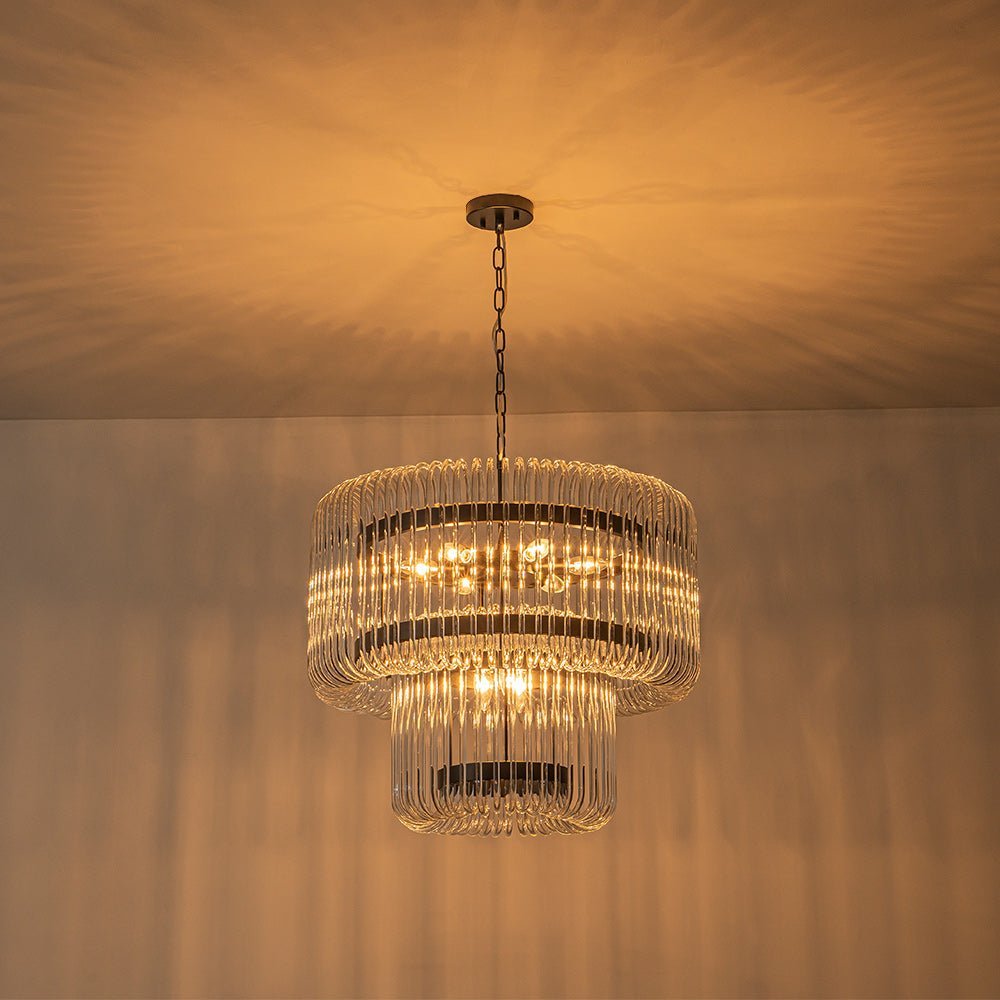 LightfixturesUAE-9-Light Modern Glam Two-Tiered Glass Rod Round Chandelier-Chandeliers-Gold-
