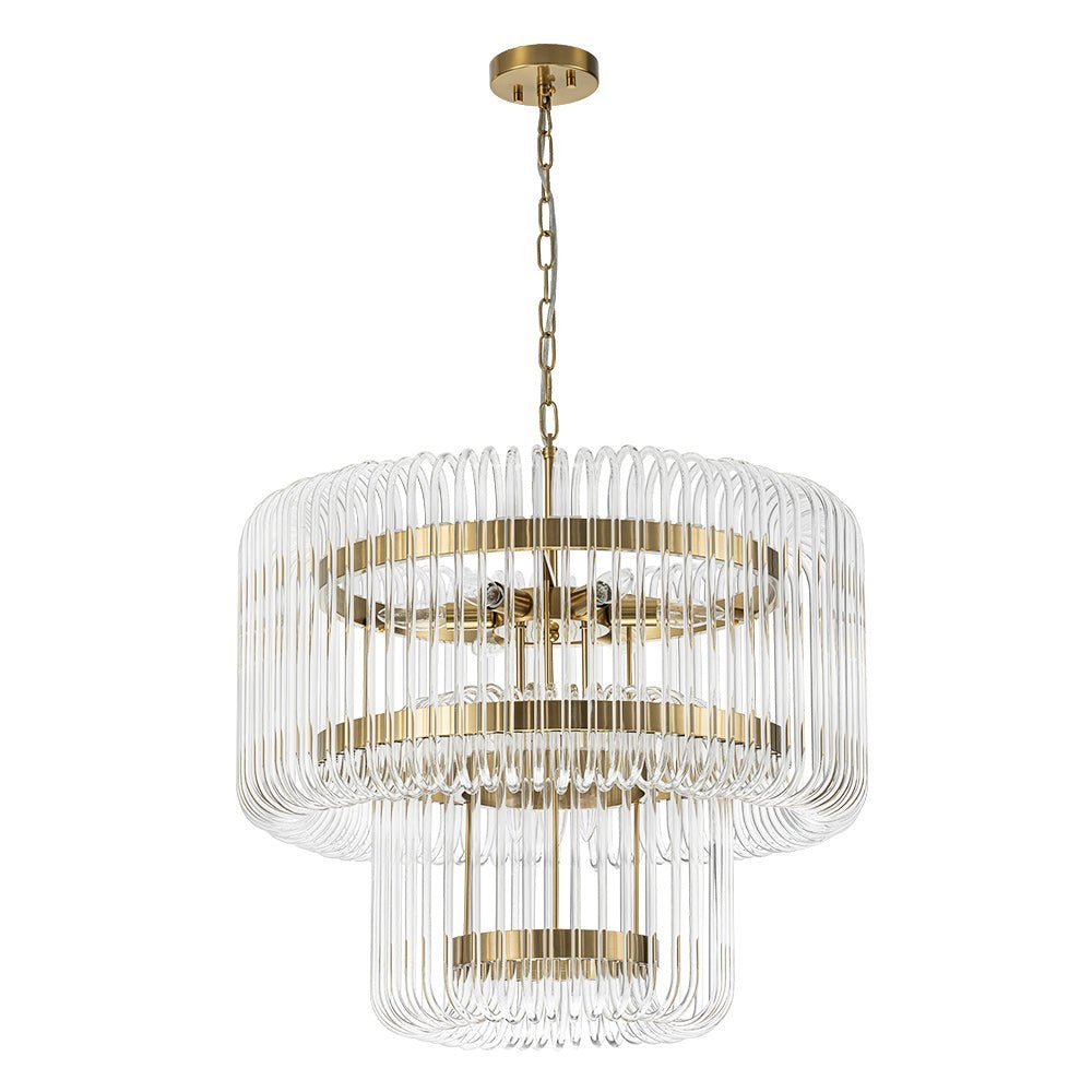 LightfixturesUAE-9-Light Modern Glam Two-Tiered Glass Rod Round Chandelier-Chandeliers-Gold-