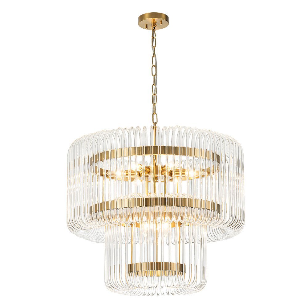LightfixturesUAE-9-Light Modern Glam Two-Tiered Glass Rod Round Chandelier-Chandeliers-Gold-