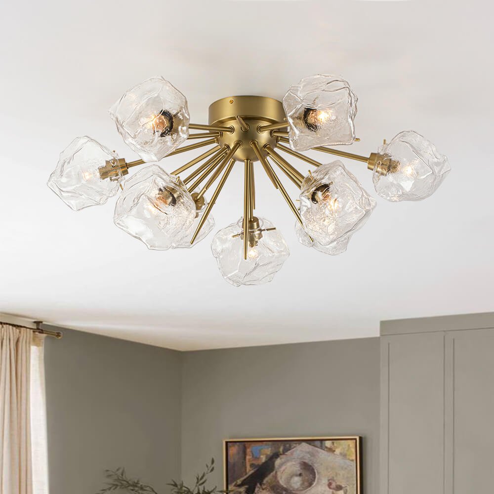 LightfixturesUAE-9-Light Modern Ice Glass Sputnik Semi Flush Mount Ceiling Light-Ceiling Lights-Brass-