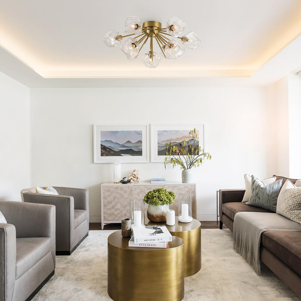 LightfixturesUAE-9-Light Modern Ice Glass Sputnik Semi Flush Mount Ceiling Light-Ceiling Lights-Brass-