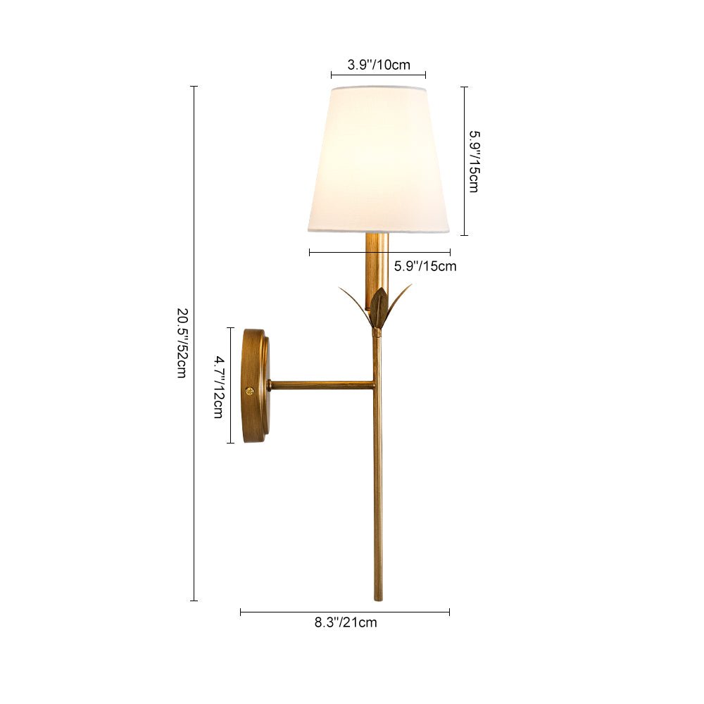 LightfixturesUAE-Antique Gold Leaf Stem Wall Sconce, Vintage Modern Brass Wall Light with Conical Fabric Shade-Wall Lights-Antique Gold-