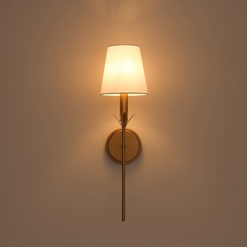 LightfixturesUAE-Antique Gold Leaf Stem Wall Sconce, Vintage Modern Brass Wall Light with Conical Fabric Shade-Wall Lights-Antique Gold-