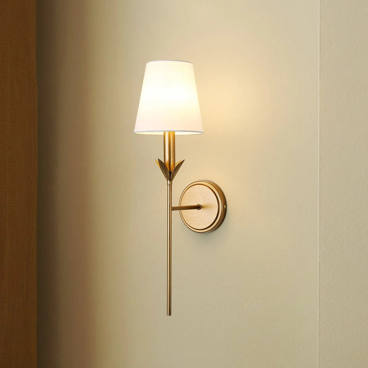 LightfixturesUAE-Antique Gold Leaf Stem Wall Sconce, Vintage Modern Brass Wall Light with Conical Fabric Shade-Wall Lights-Antique Gold-
