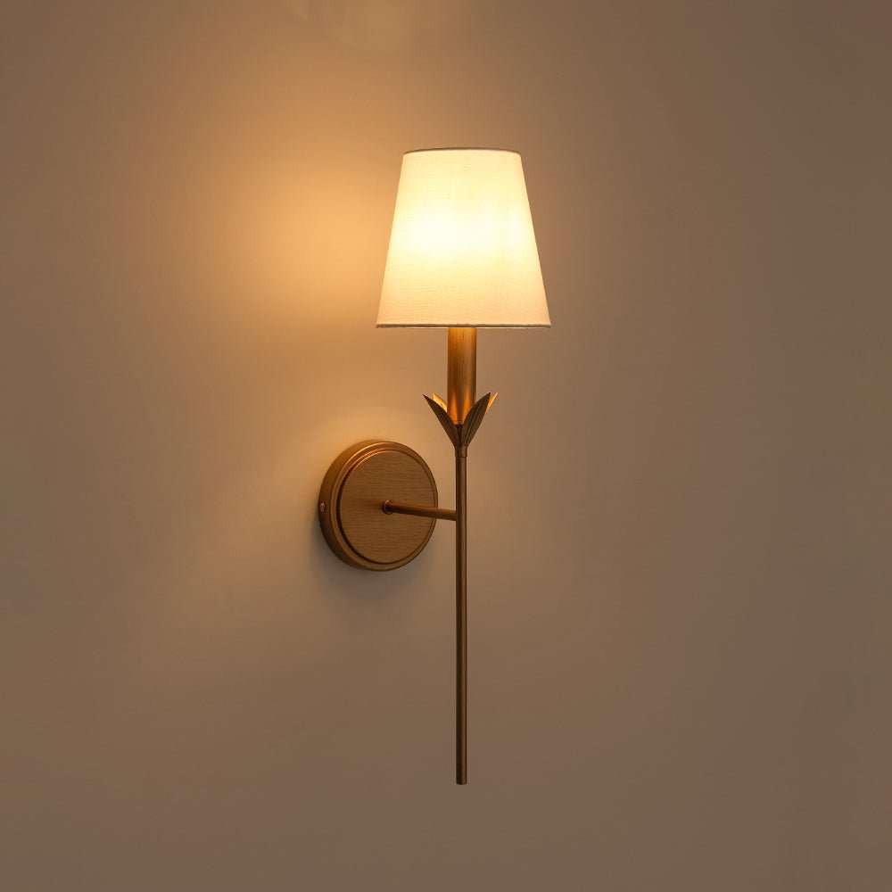 LightfixturesUAE-Antique Gold Leaf Stem Wall Sconce, Vintage Modern Brass Wall Light with Conical Fabric Shade-Wall Lights-Antique Gold-