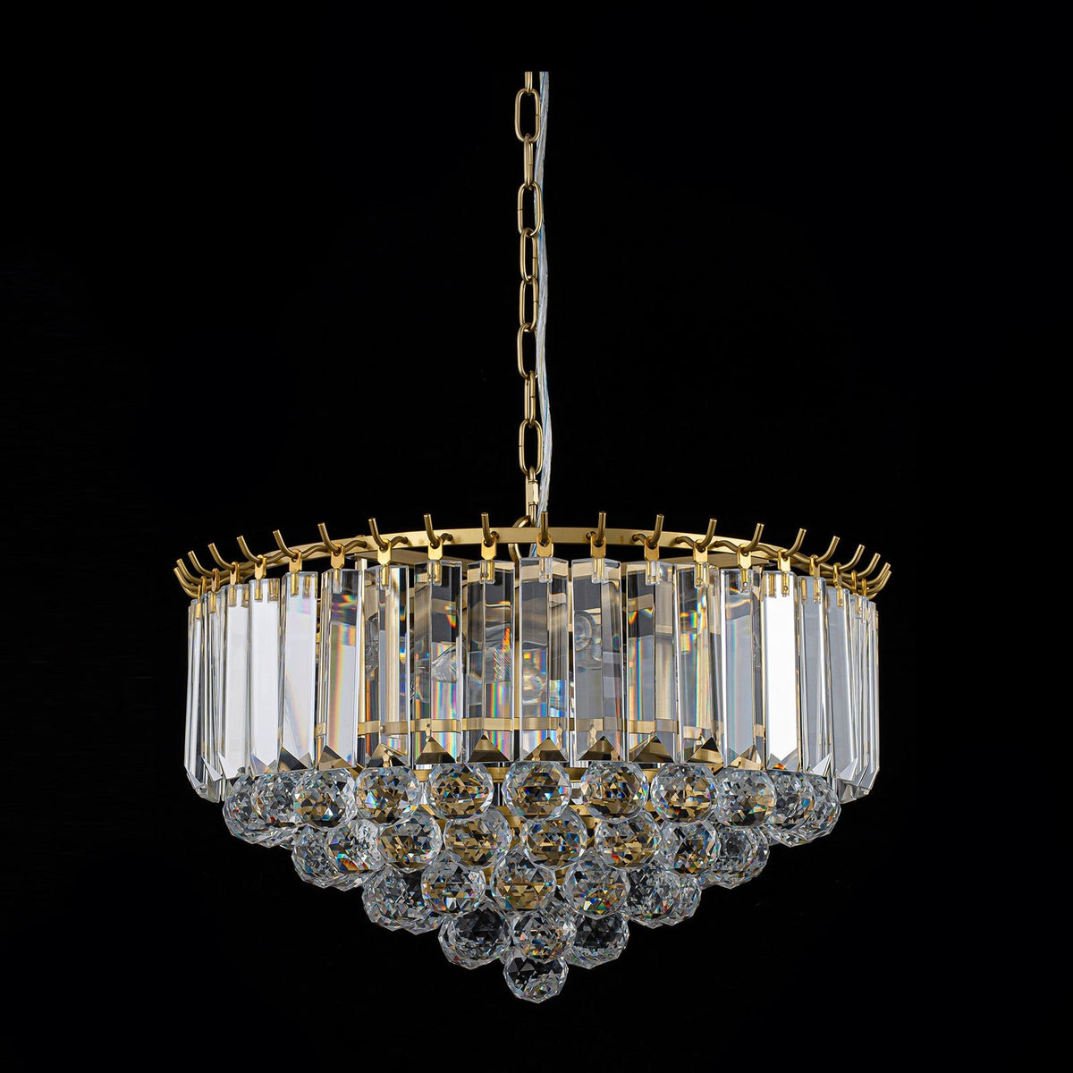 LightfixturesUAE-Bauhaus 5-Light Brass Round Drum Tiered Crystal Chandelier-Chandeliers-Brass-
