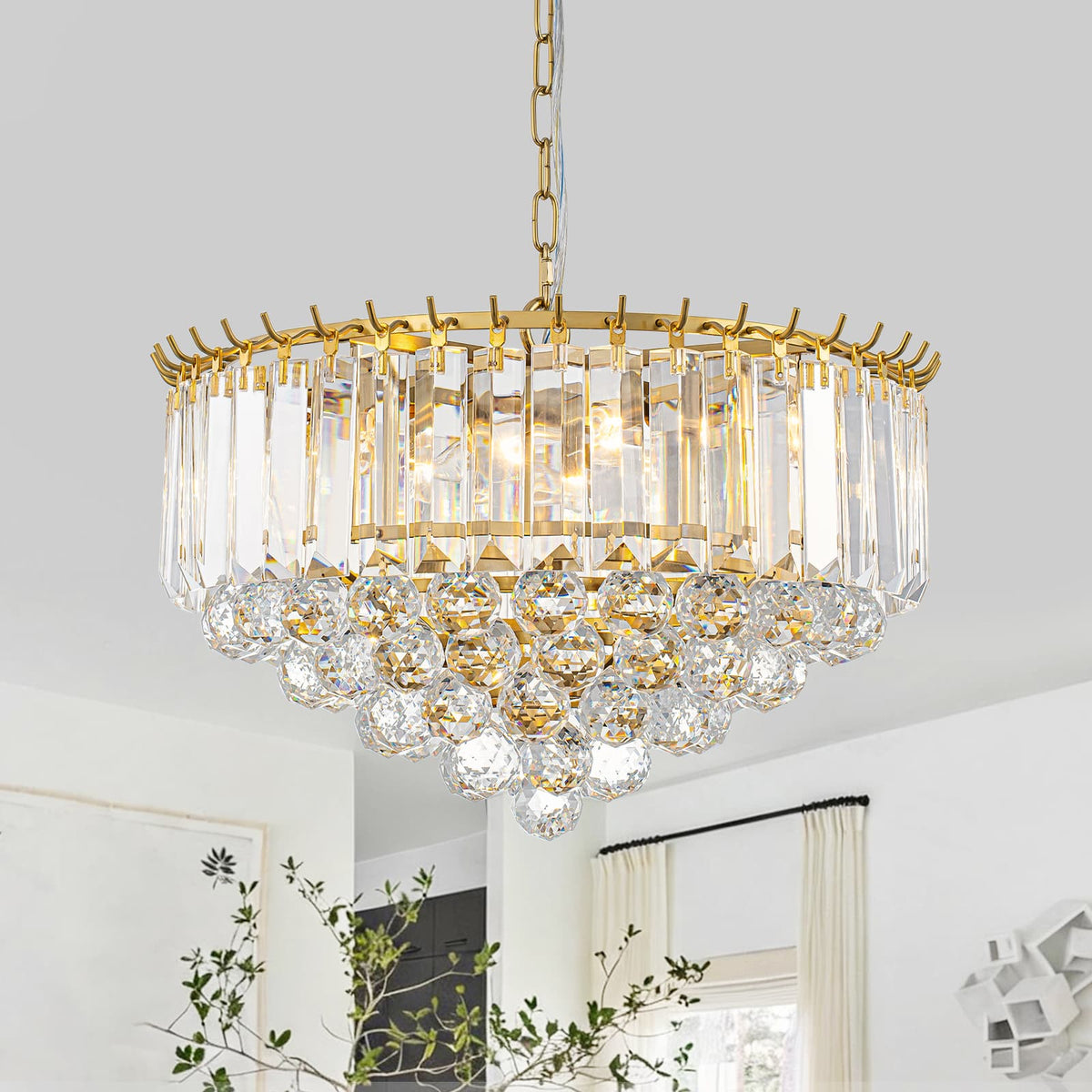 LightfixturesUAE-Bauhaus 5-Light Brass Round Drum Tiered Crystal Chandelier-Chandeliers-Brass-