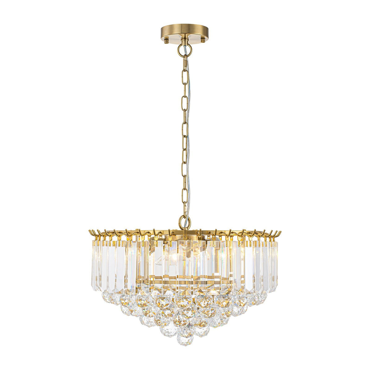 LightfixturesUAE-Bauhaus 5-Light Brass Round Drum Tiered Crystal Chandelier-Chandeliers-Brass-