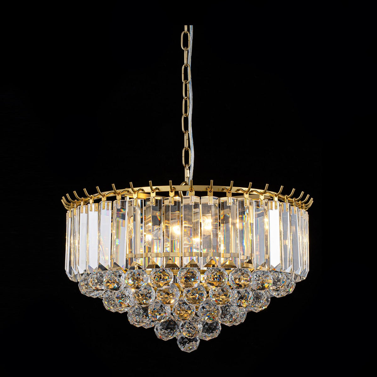 LightfixturesUAE-Bauhaus 5-Light Brass Round Drum Tiered Crystal Chandelier-Chandeliers-Brass-