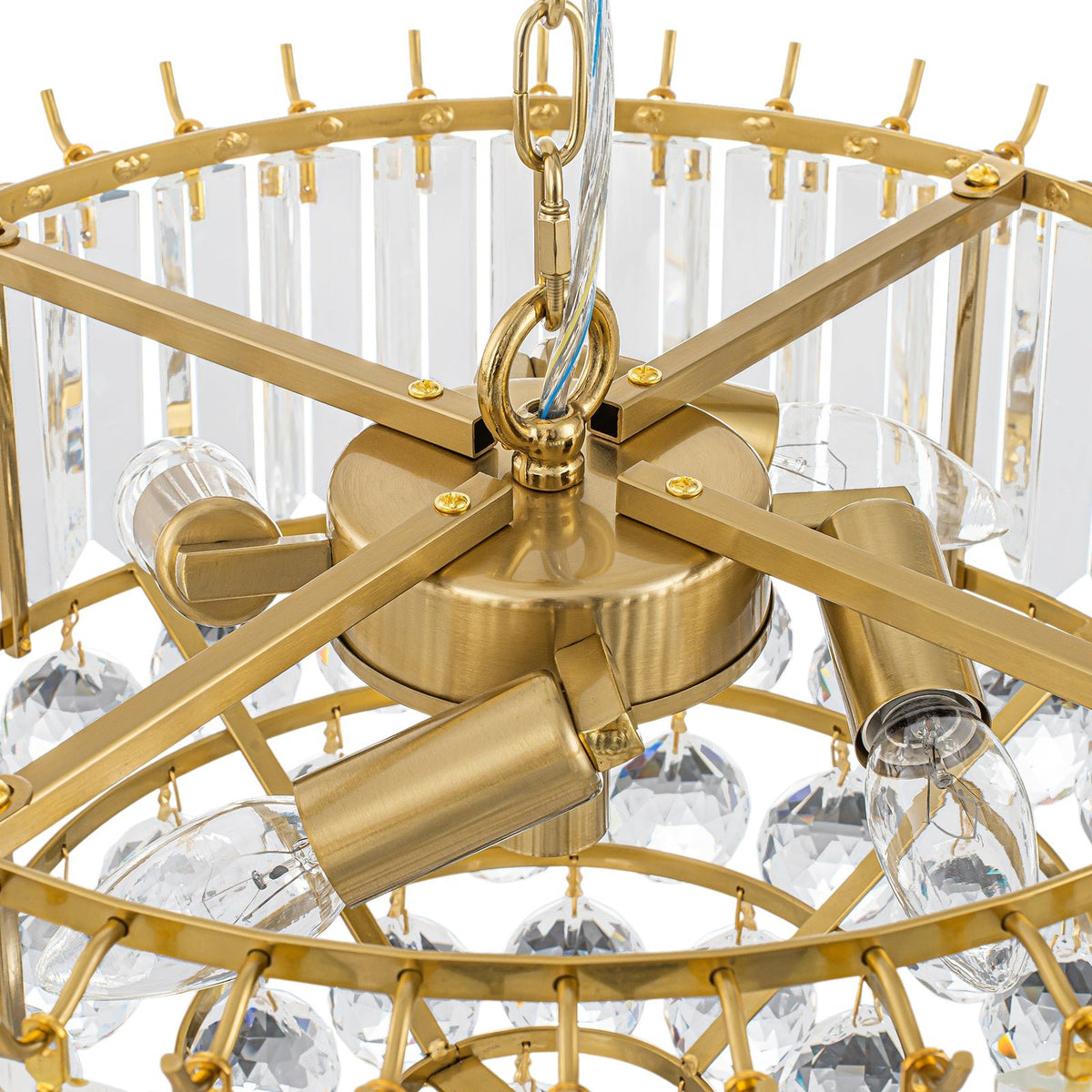 LightfixturesUAE-Bauhaus 5-Light Brass Round Drum Tiered Crystal Chandelier-Chandeliers-Brass-
