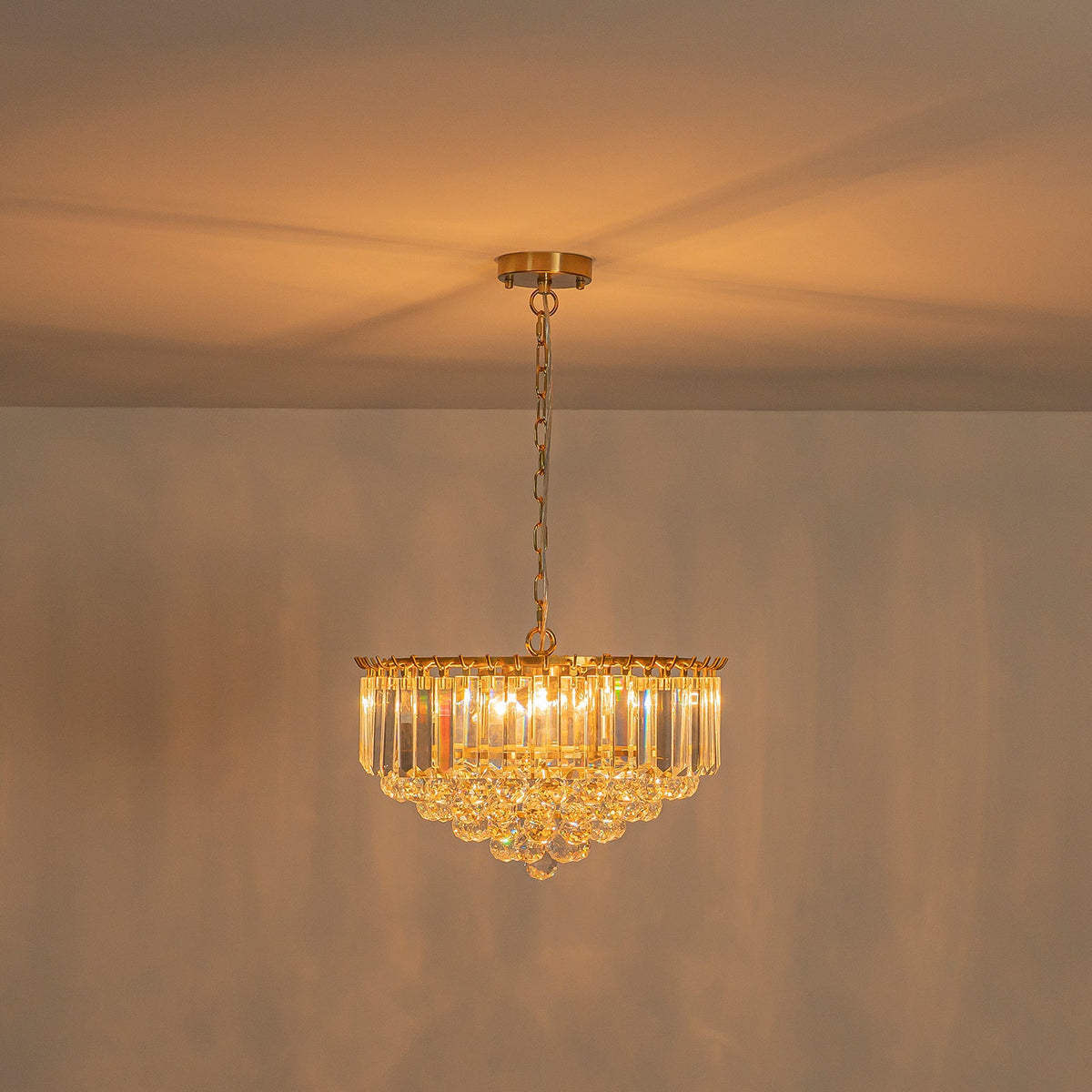 LightfixturesUAE-Bauhaus 5-Light Brass Round Drum Tiered Crystal Chandelier-Chandeliers-Brass-