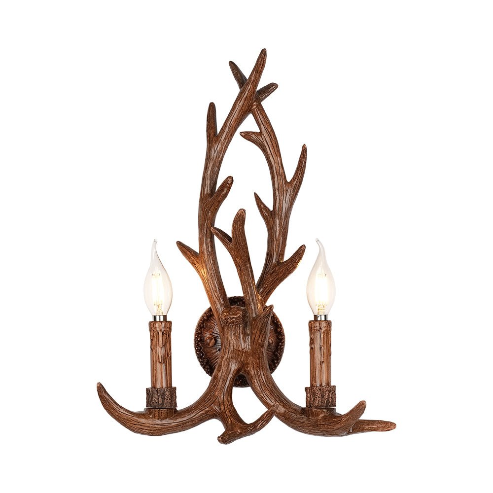 LightfixturesUAE-Country Rustic Deer Antler Two Candle Style Wall Sconce-Wall Lights-Brown-
